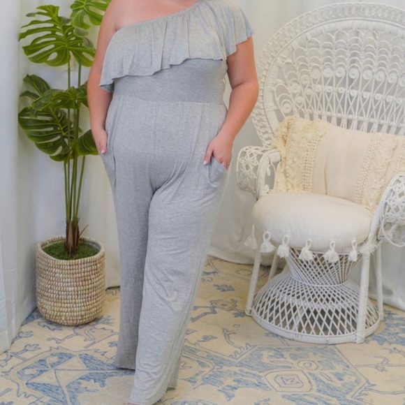 Gray One Shoulder Ruffle Jumpsuit - Picture 1 of 4